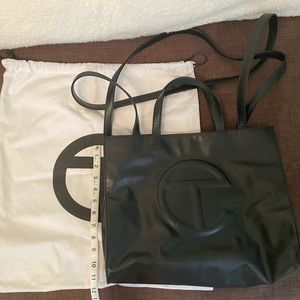 Telfar Leather Medium Button Closure Double Pocket Logo Crossbody Handbag Black